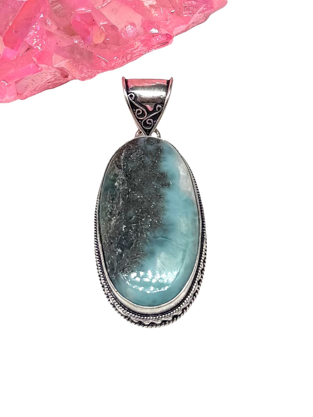 Larimar Necklace Pendant 925 Sterling Silver Overlay Oval Stone Blue